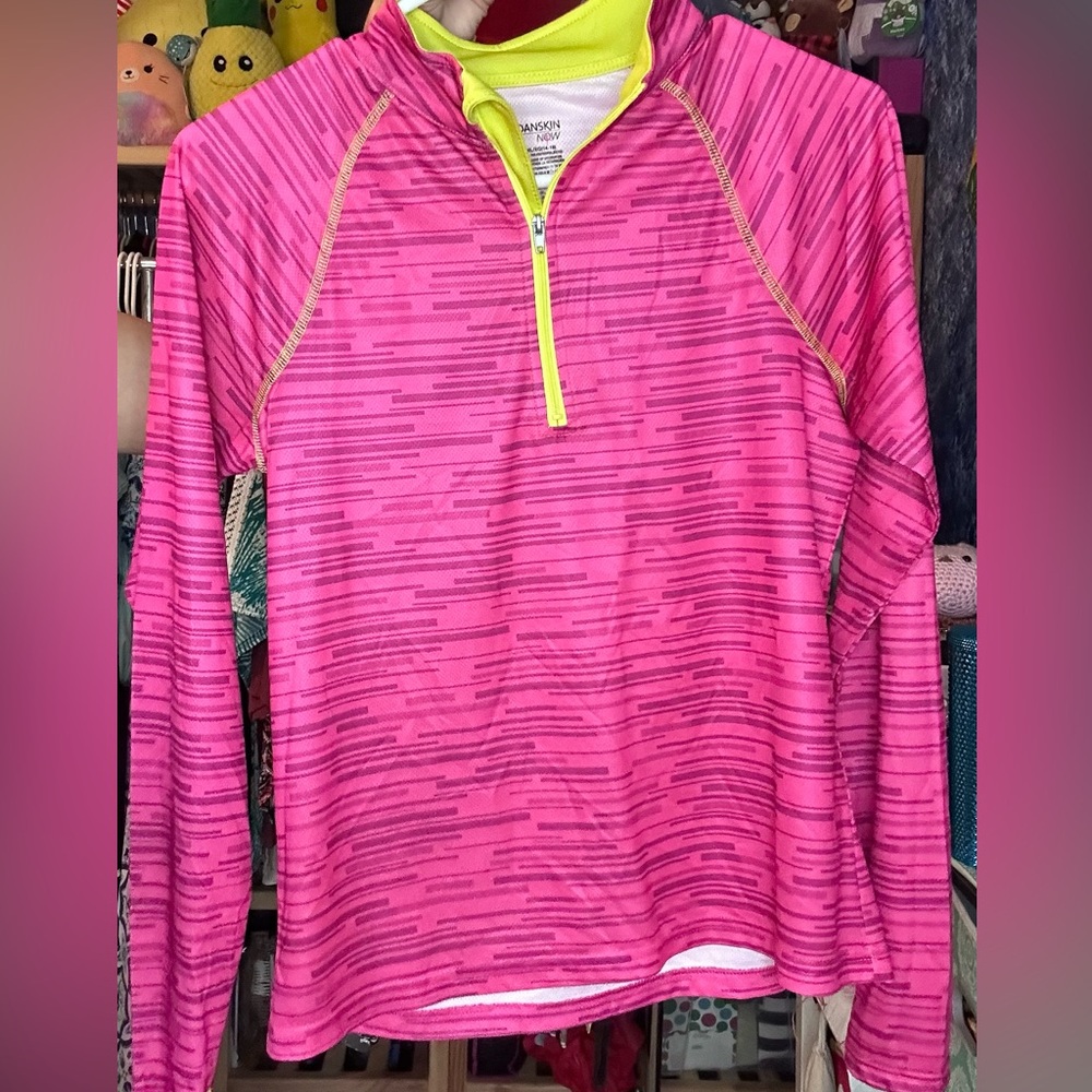 Danskin Now Girls XL 14-16 Pink Stripe 1/4 Zip Long Sleeve Athletic Shirt Top